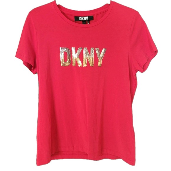 Dkny Tops - DKNY Women T-Shirt Red Sequined Shiny Short Sleeve NWT Size Medium Casual Logo